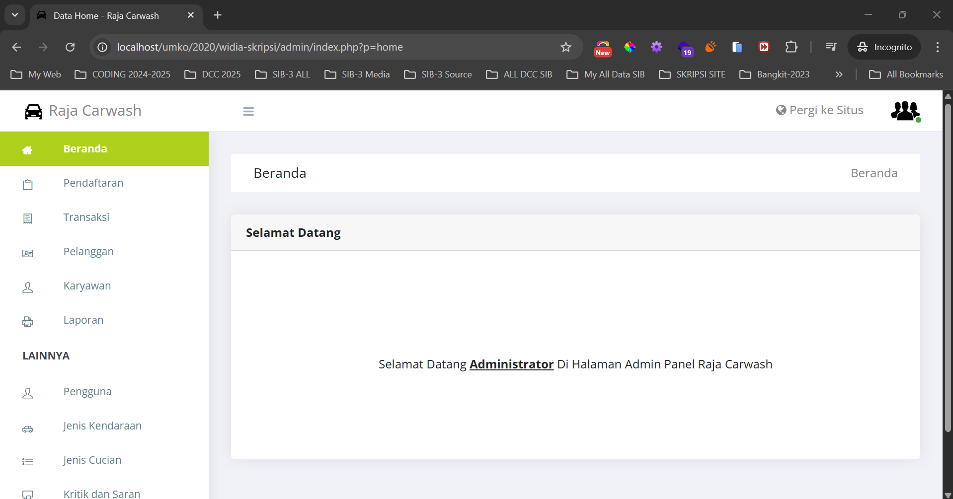 Halaman Dasboard Admin