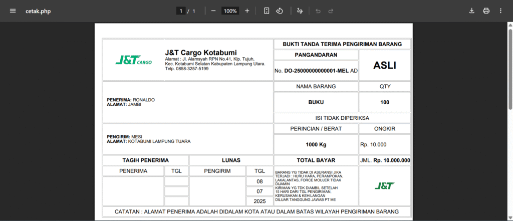 Cetak Bukti Pegiriman